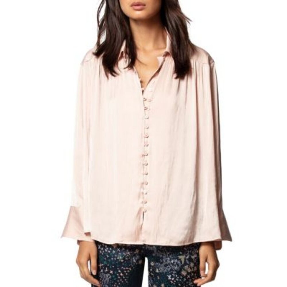 Zadig & Voltaire Trent Satin Blouse XS Blush Pink Relaxed Fit Top
